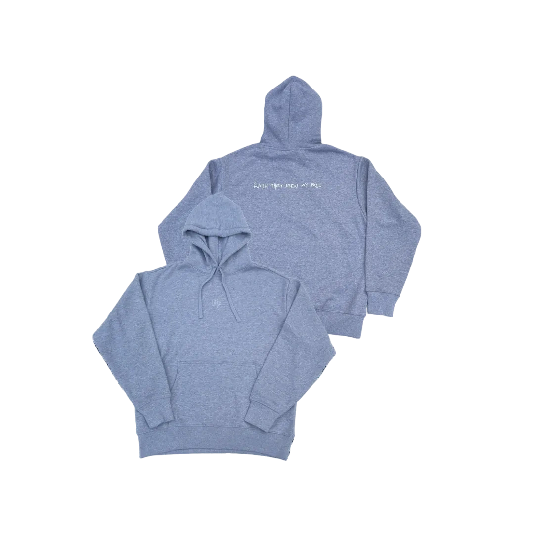 Front and back view of the grey Lithe hoodie with "wish they seen my face" text on the back. Created after the popular single. Released in 2022.